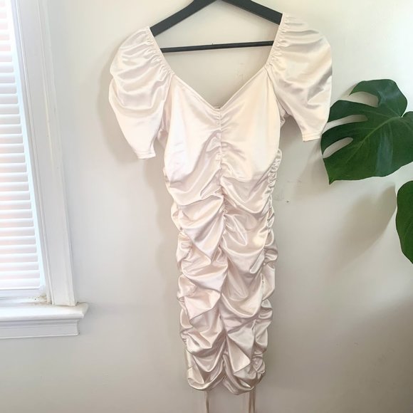 4SI3NNA Dresses & Skirts - 4S13NNA Silky Pearl Champagne White Bodycon Ruched Mini Susanna Dress